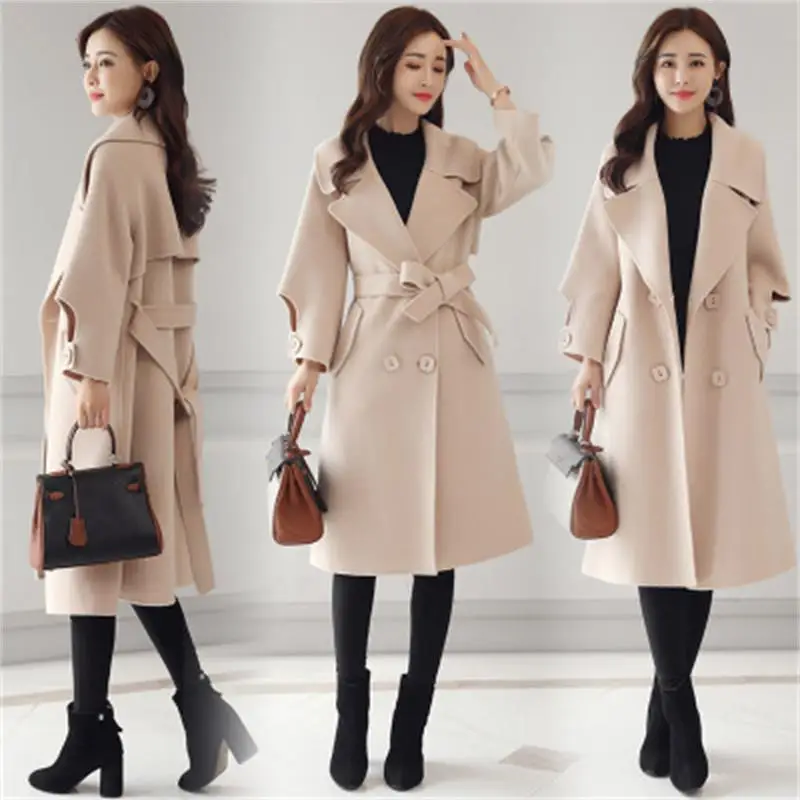 Female Double-breasted Overcoat Long Sleeve Turn-down Collar Slim Fit Women Army Green Woolen Coats Spring Windproof Warm Jacket | Женская