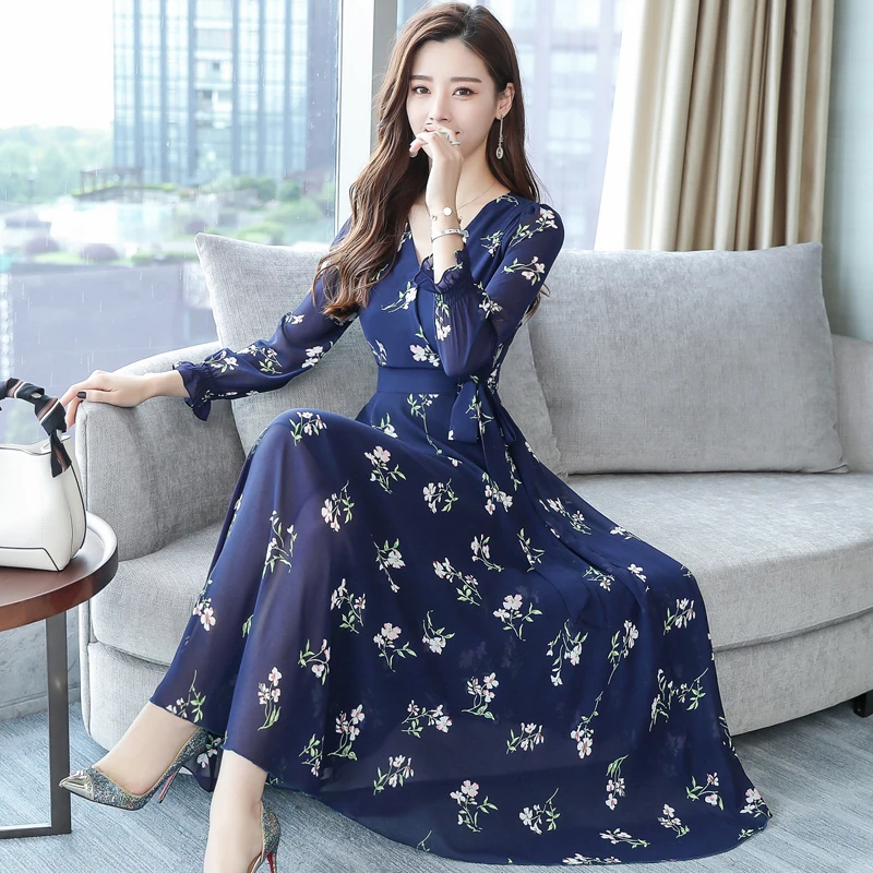 Женское шифоновое длинное платье с v-образным вырезом и цветочным принтом