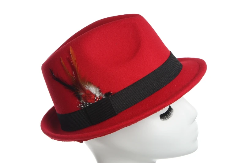 Fedoras для мужчин Fedoras для женщин осень зима унисекс чистый цвет перо джаз шапка pour les femmes - Цвет: Красный