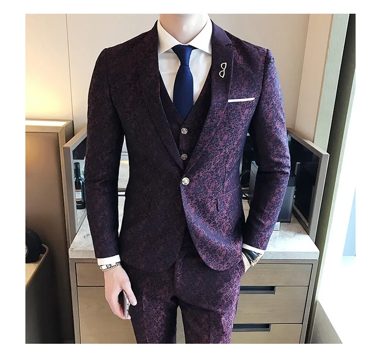 Смокинг Пейсли жаккардовый костюм роскошный бордовый костюм Mariage Homme мужские костюмы с брюками Винтажный Мужской костюм британский