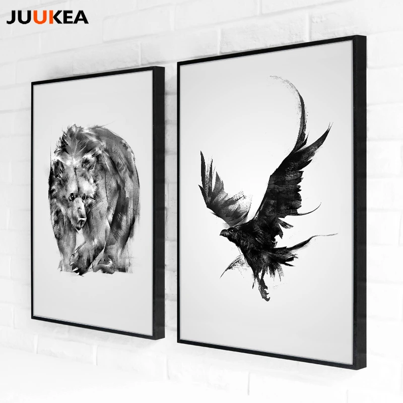Черный белый цвет животного Nordic плакат медведи орел печать холст стены Книги по