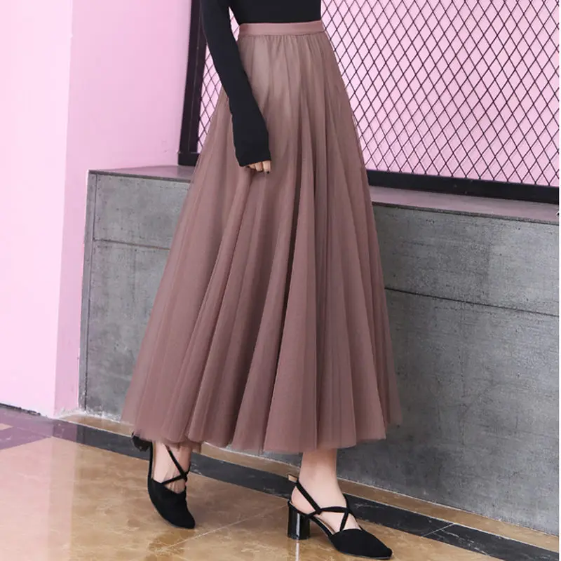 Gray Black Long Tulle Skirt Women Jupe Femme Maxi High Waist Elegant Saias Spring Summer Mesh Pleated Falda C4611 | Женская одежда