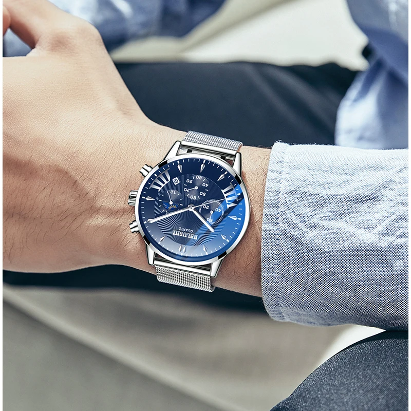 

BELUSHI Mens Watches Fashion Stainless Steel Waterproof Sport Wristwatch Chronograph Military Quartz Men Watch Relogio Masculino