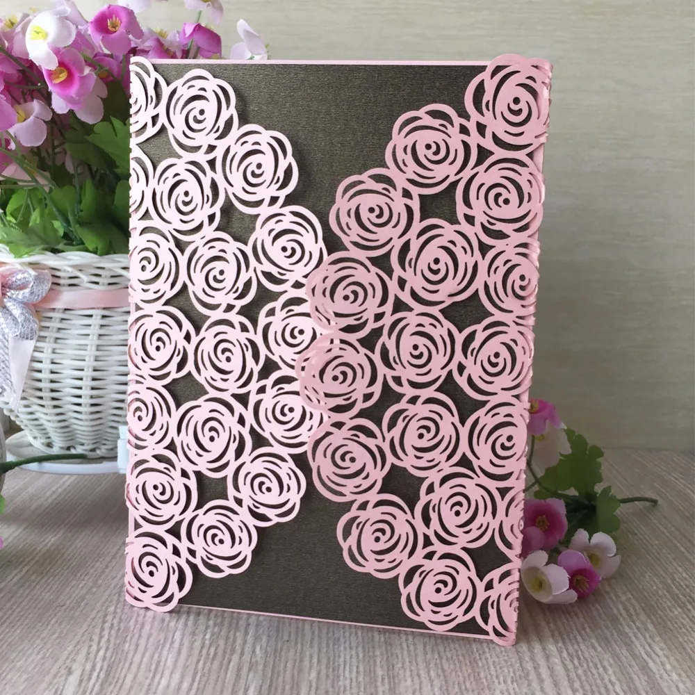 

25Pcs Hollow Chinese Red &Pink Rose Flower Invitation Card Elegant Laser Cut Ribbon Wedding Invitations Pearl Paper Inner Sheet