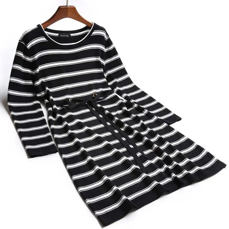 GIGOGOU Spring Autumn Long Dress Women Knitted Pullover Sweater Vintage Black Striped Dresses Sleeve Ladies | Женская одежда