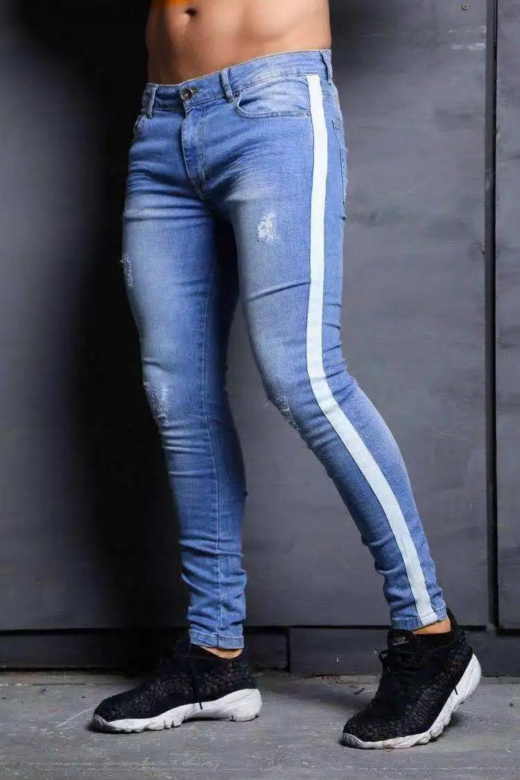 light blue Мужские джинсы бренд Мода Vaquero Hombre тренд наколенники дырявые чернил Взрывные Модели джинсовая ткань, зауженный крой джинсы, мужские брюки - Цвет: light blue