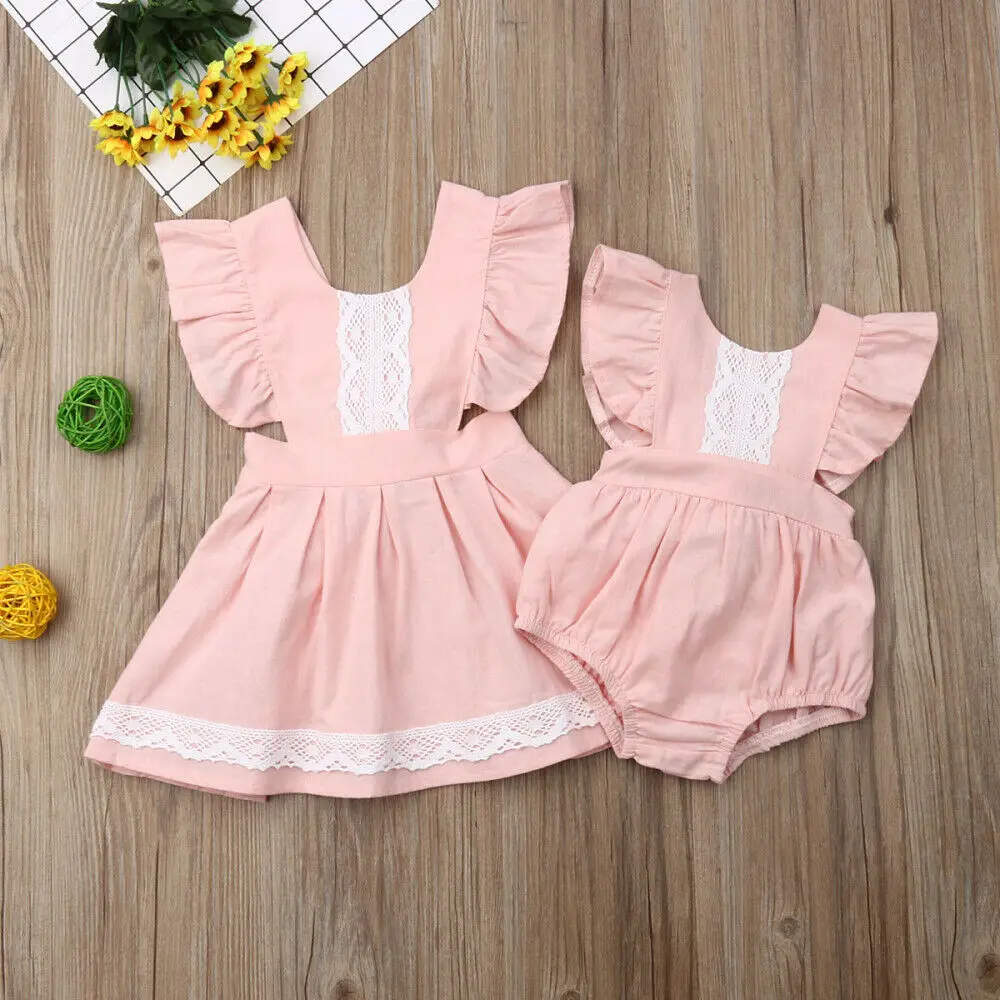 Newborn Infant Toddler Baby Girls Clothes Sister Matching Pink Sleeveless Causal Ruffle Lace Romper Dress Outfits Set | Детская одежда