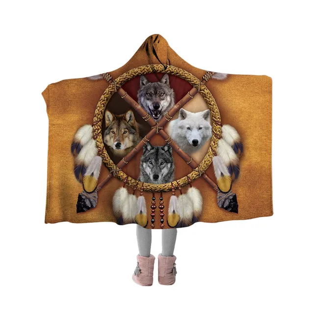 BlessLiving Wolves Dreamcatcher Hooded Blanket Wolf Throw Blanket Sherpa Fleece 3D Animal Tribal Wearable Blanket 150x200 5