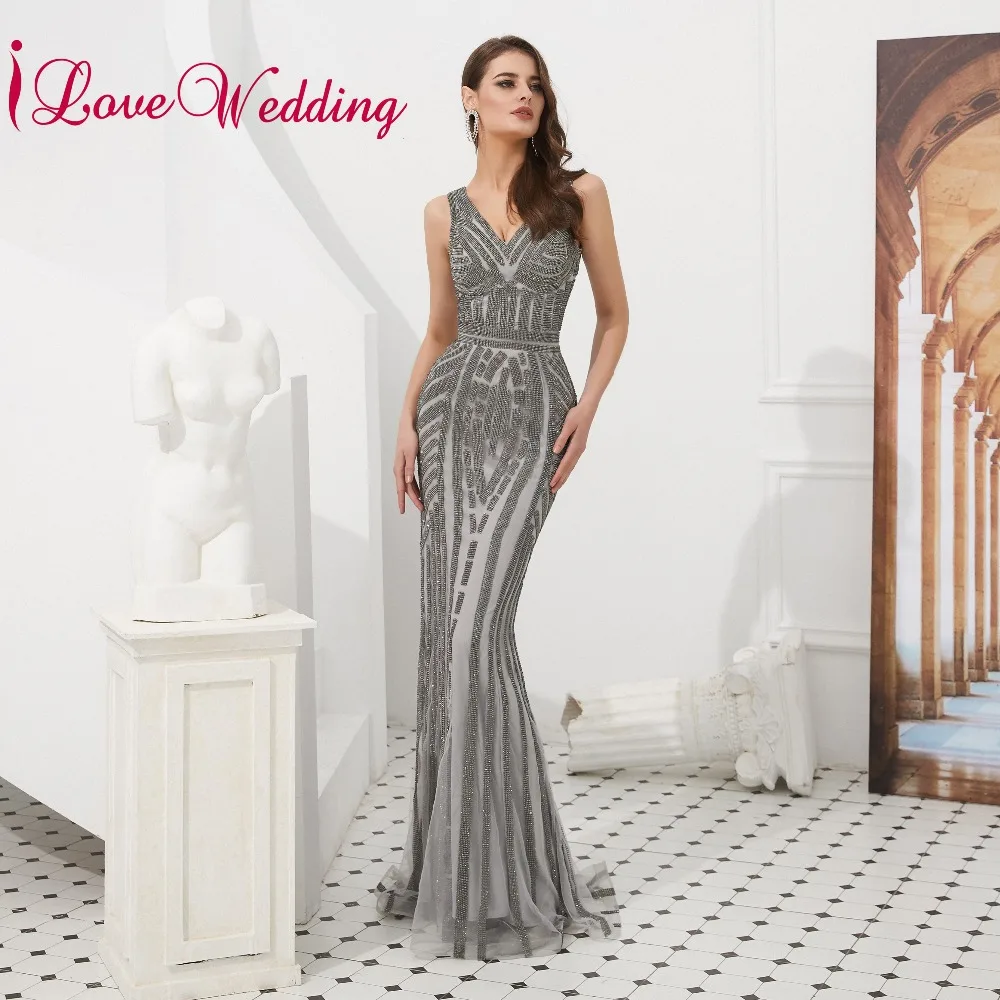 ILoveWedding Великолепная V образным вырезом серого цвета с блестками вечернее платье без рукавов Формальное длинное Русалка платье на выпускной настоящая фотография