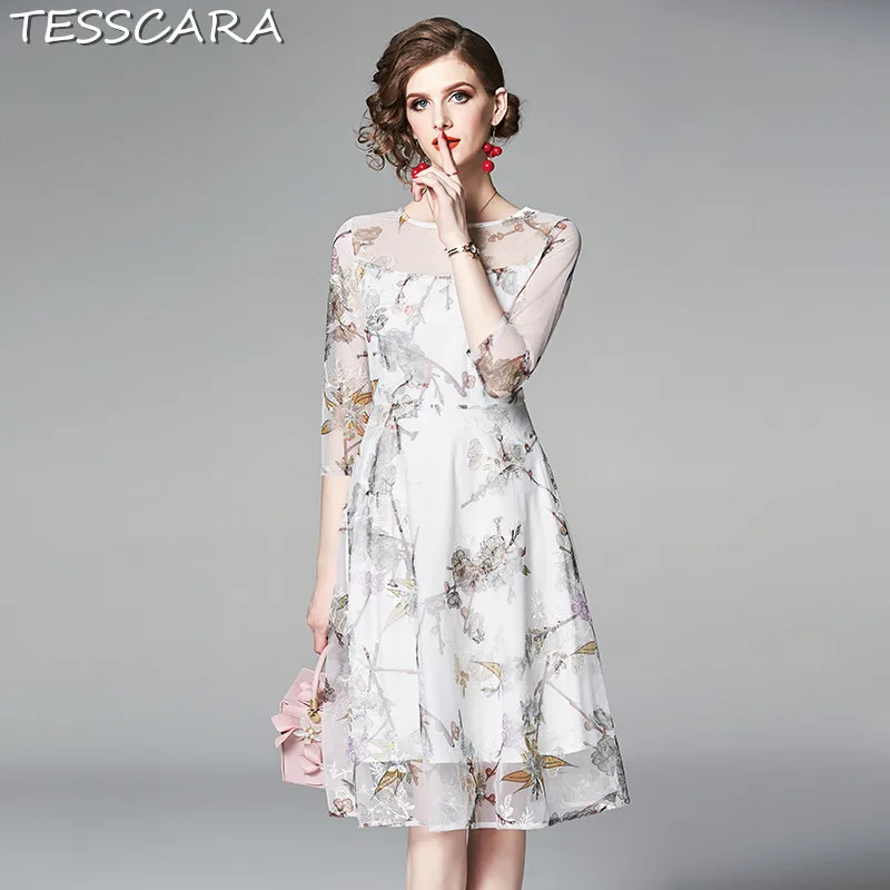Женское Сетчатое платье с вышивкой TESSCARA винтажное дизайнерское бальное на