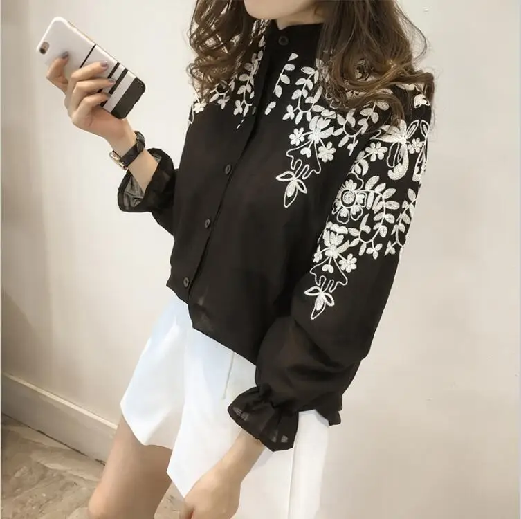 Блузка с вышивкой хлопковое нижнее белье женская блузка camisas femininas белые черные
