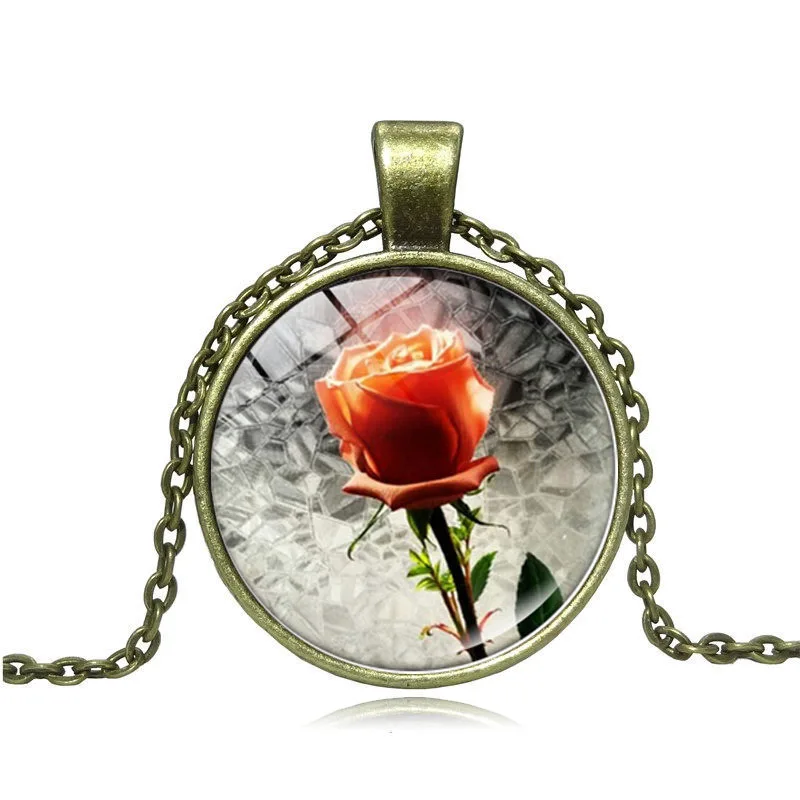 Beauty and The Beast Rose Photo Cabochon Glass Pendant Necklace Handmade DIY Jewelry Vintage Chain Women Gifts | Украшения и