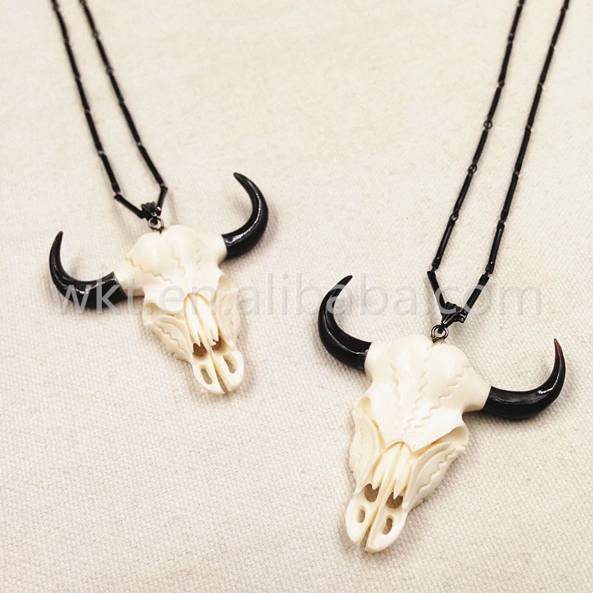 WT-N752 Newest Design Bone Carve Necklace Black Chain natural bone carved pendant with black gun plated chain necklaces | Украшения и