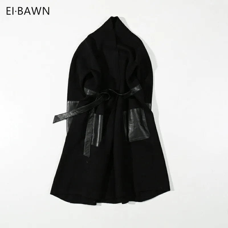 2019 Women Leather Trench Coat Autumn Long Black Lady Knitting Clothes Belt Overcoat Plus Size | Женская одежда