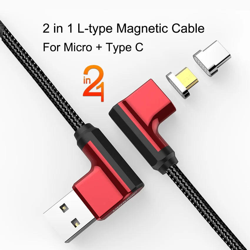 2 в 1 Магнитный 90 градусов 1 м микро USB кабель Быстрая зарядка данных 5V2A Плетеный Тип C L форма зарядное устройство для Xiaomi samsung