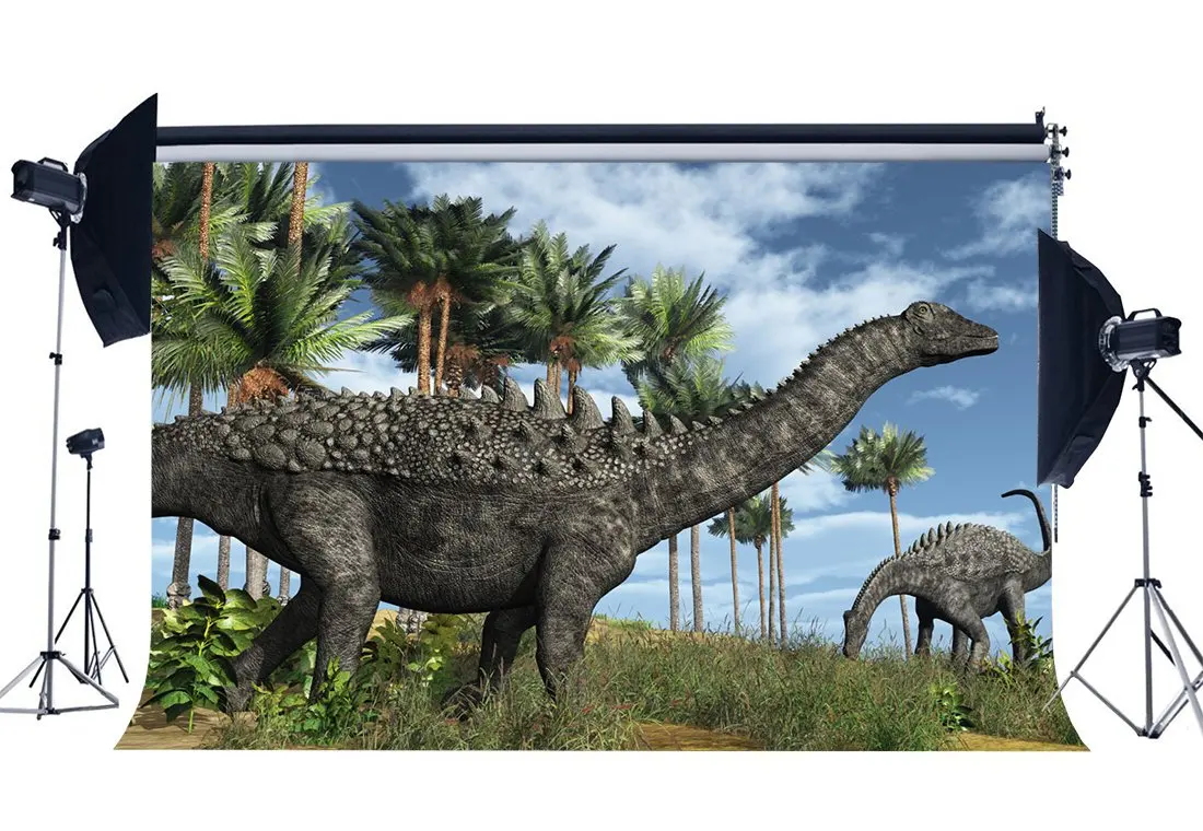 Фон с изображением динозавра периода Юрского кокосовые деревья голубое небо