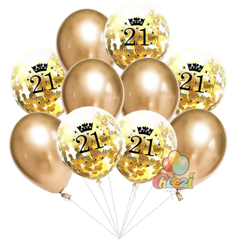 Golden 21th 10 шт. 12 дюймов Супер хромированные шары из латекса цвета металлик+ день рождения конфетти баллон 18 30 40 50 60-летие Свадебные украшения - Цвет: Golden 21th