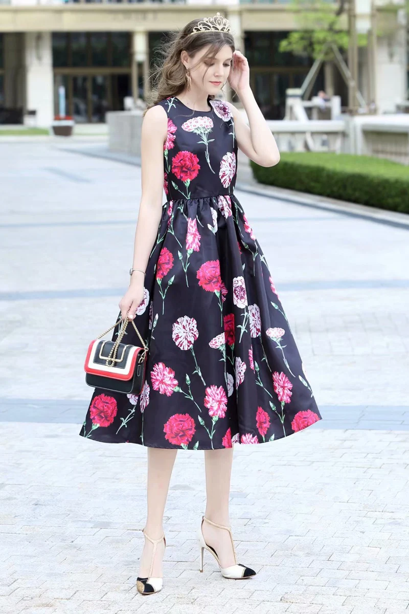

XF Hawaii Beach Holiday Party Milan Fashion Rose Flower Print Round Neck Sleeveless High Waist Large 2019 Summer Dress