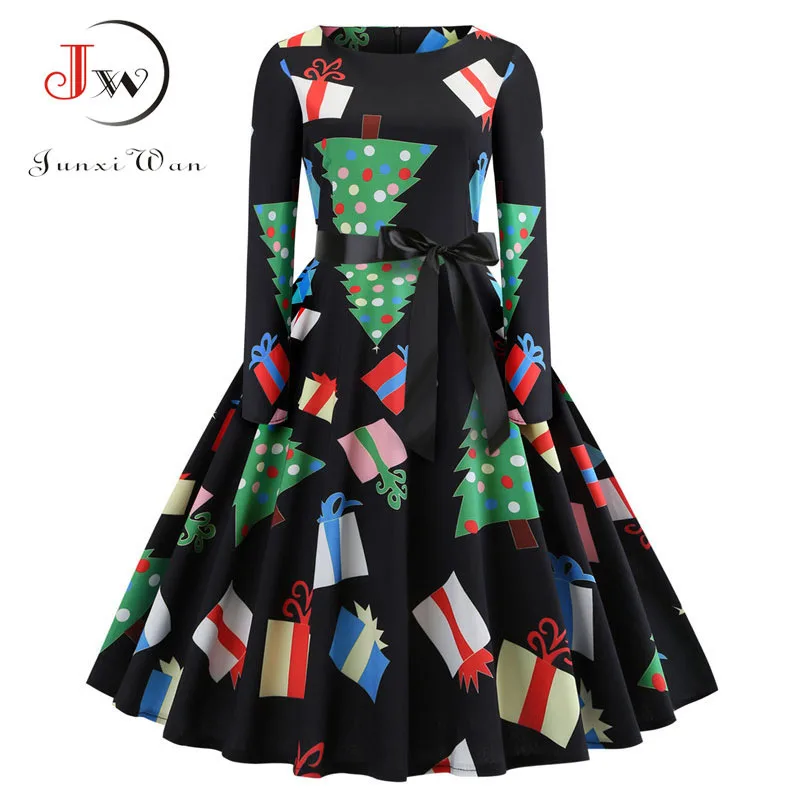 

Women Long Sleeve Winter Bodycon Dress Black Print Christmas Dress Midi Autumn Elegant Vintage Party Dresses Plus Size vestidos