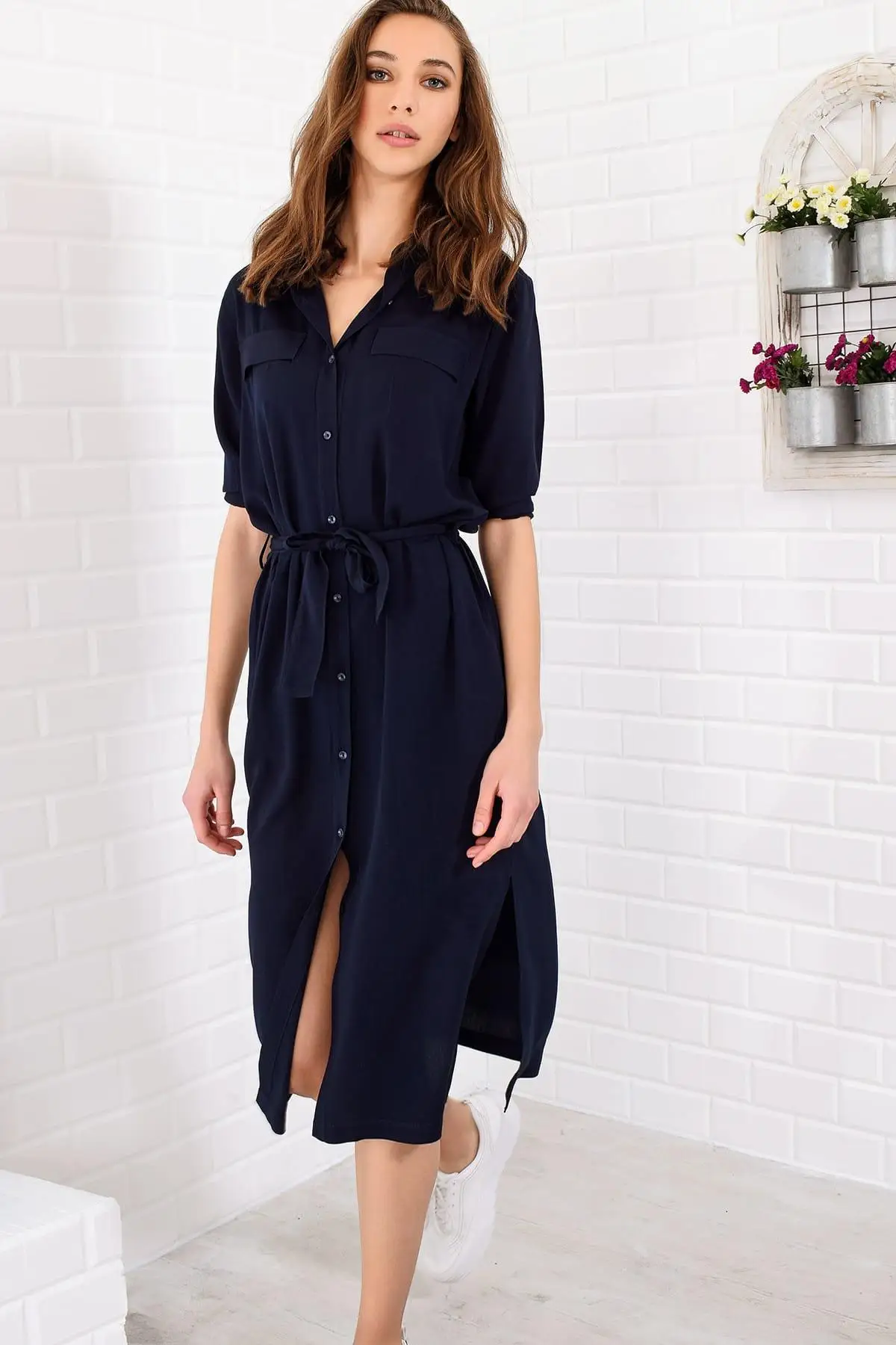 Тренд: женское темно-синее платье-рубашка с разрезами в стиле alacati ALC-017-039-Y-N |