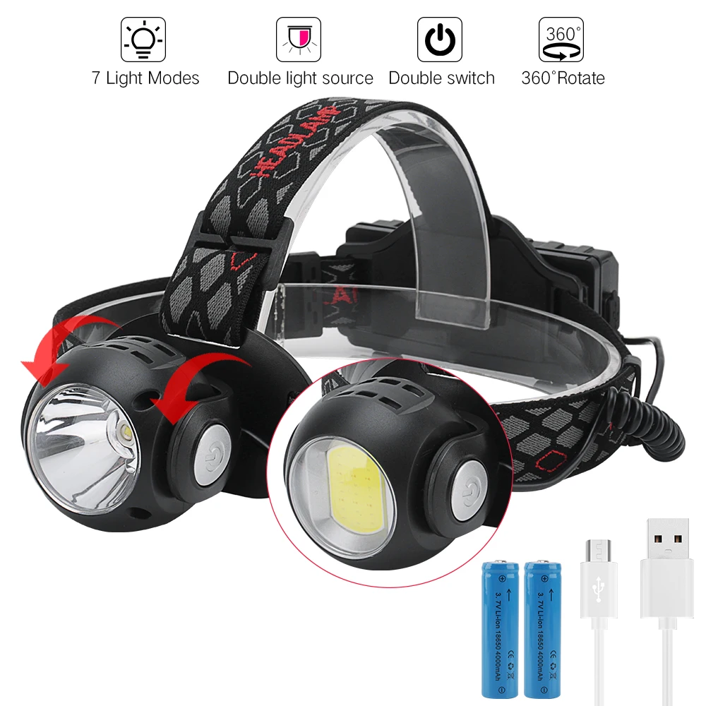 BORUiT T6+ COB светодиодный налобный фонарь 7-режим с красный свет светильник головной светильник USB Перезаряжаемые налобный фонарь для кемпинга, охоты, флэш-светильник 18650 Батарея
