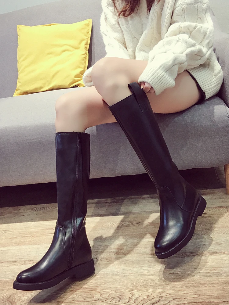 YDP Fashion Ladies Knee High Winter Boots Soft Leather Shoes Woman Black Zip Warm Fur Women Thigh | Обувь