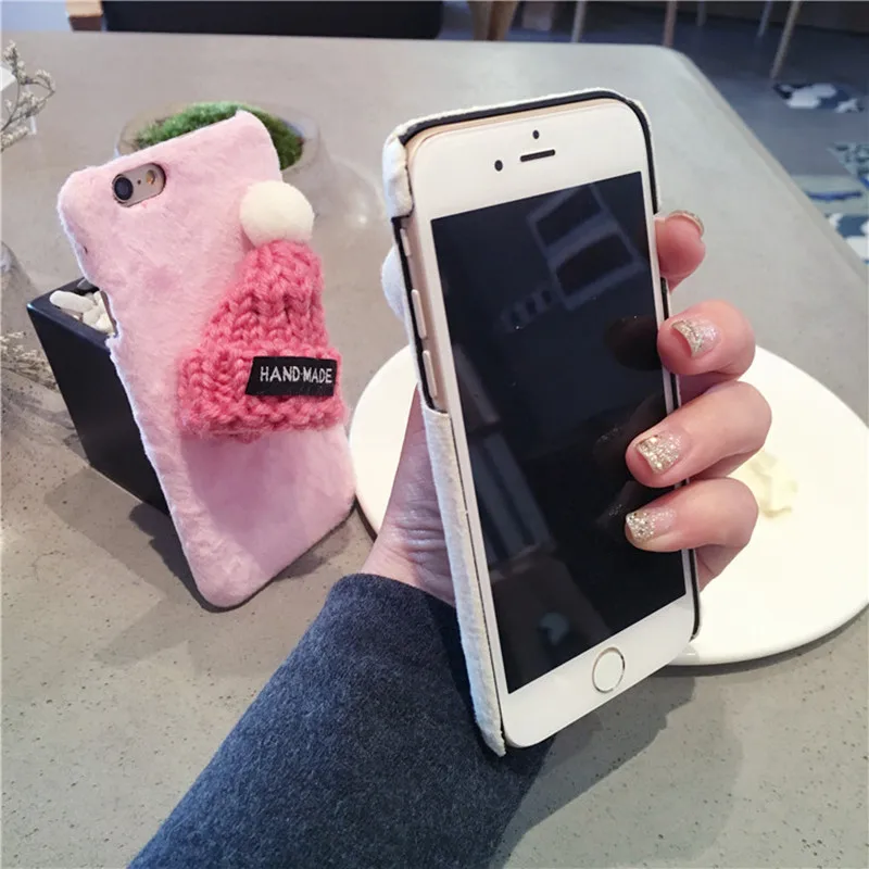 Lovely Plush Hat Warm Fur Ball Knitted Christmas Cap Hard Phone Case For iPhone11 Pro 6 6s 7 8 Plus X XR XS MAX Cute fuzzy cover |