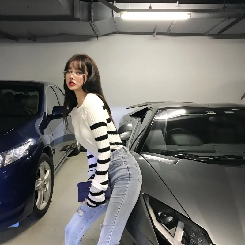 fashion Sexy pullover sweater striped stitching slim short women | Женская одежда