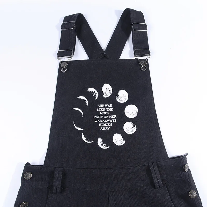 Moon Phase Printed Denim Overalls Shorts for Women Summer Gothic Straps Streetwear Girls Punk Letter | Женская одежда