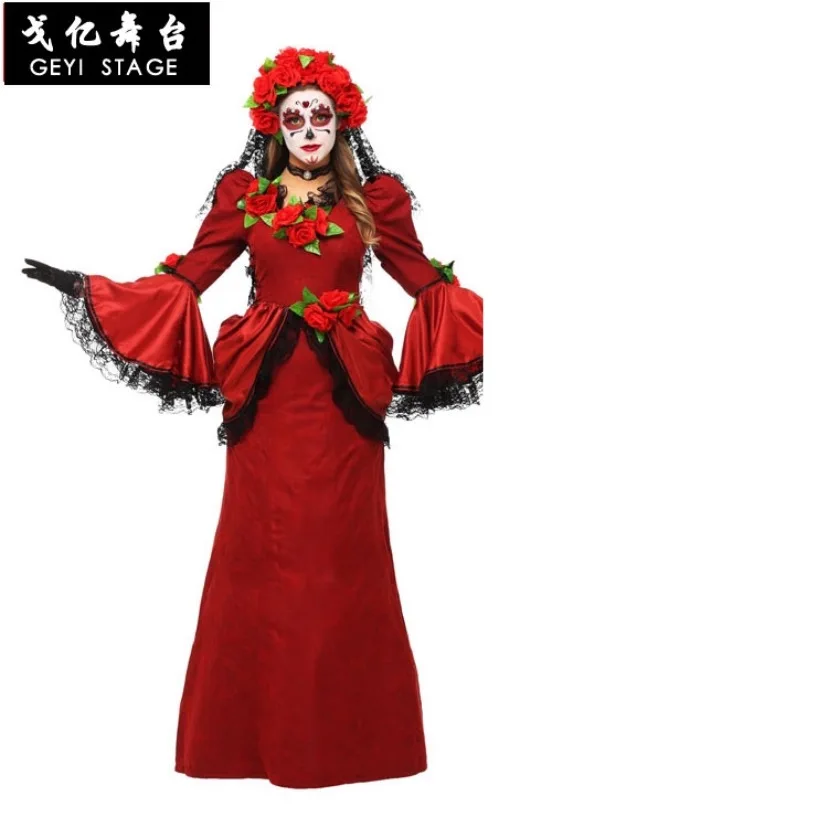 woman costume Adult Women Halloween Day Dead Costume Ladies Bridal Long Sleeves Black Scary Skeleton Skull Joker Cosplay Dress Plus for men - Цвет: woman costume