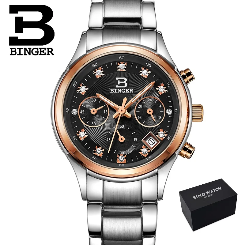 MS-silver Rgold-B Binger женские часы швейцарские Роскошные Кварцевые водонепроницаемые женские часы с ремешком из натуральной кожи наручные часы с хронографом BG6019 - Цвет: MS-silver Rgold-B