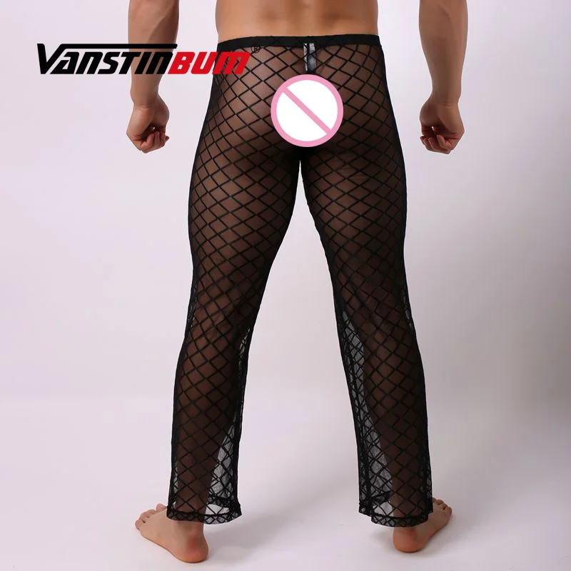 VANSTINBUM сексуальные сетчатые мужские прозрачные пижамные штаны Hombre Masculino uomo длинное экзотическое нижнее белье для отдыха
