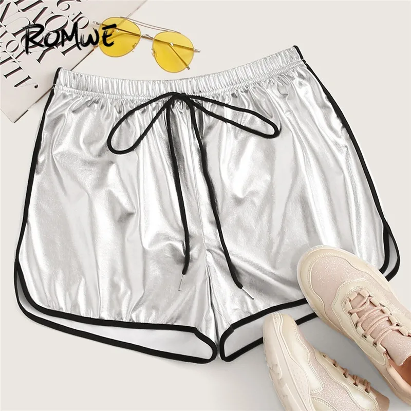 ROMWE Grey Knot Waist Contrast Binding Metallic Dolphin Shorts Women Athleisure Elastic Drawstring Waist Summer Shorts