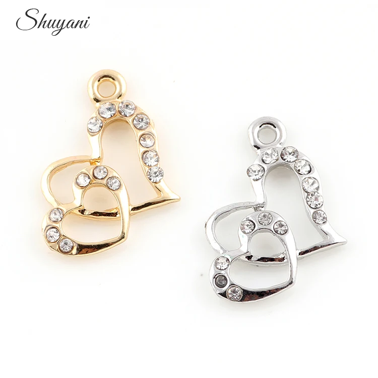 

19*14mm Fashion Alloy Crystal Double Heart Charms Pendant Jewelry Findings Fit DIY Bracelet Dangle
