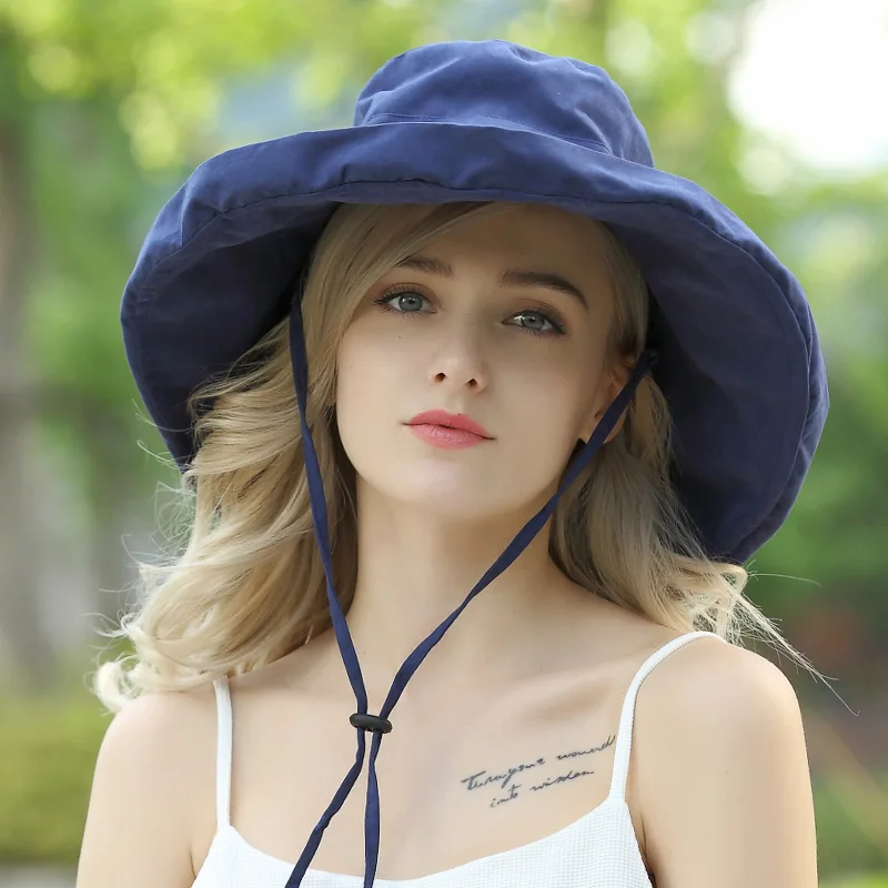 Wide Brim Sunscreen Fisherman Bucket Hat Girl Summer Beach Hats Folding Anti-UV Visor Fisher Cap Female Pure Color Caps H6697