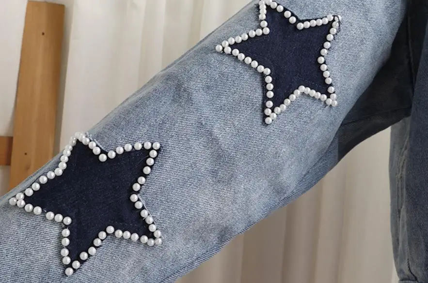 

Long Sleeve Denim Jacket Women Beaded Denim Ladies Five Star Short Jacket