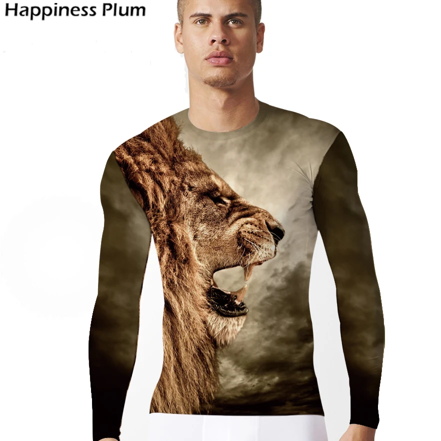 Мужская футболка с длинным рукавом KYKU Повседневная 3D принтом льва лето