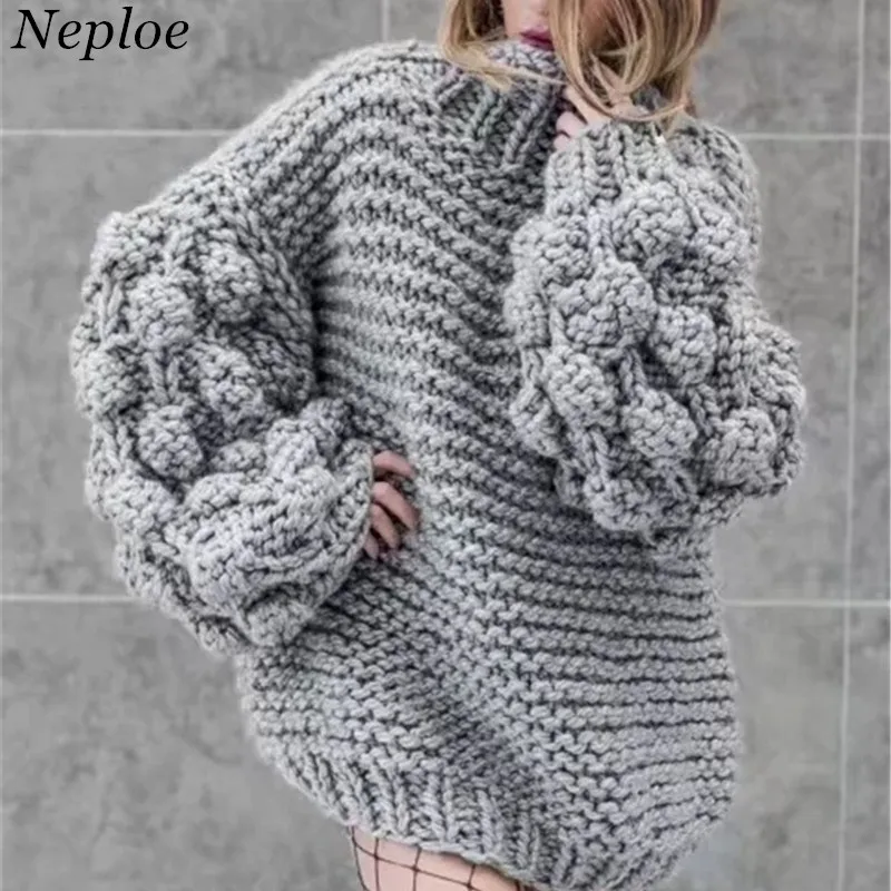 Neploe, ручная вязка, Одноцветный женский свитер, свободный, теплый, с пышными рукавами, для девушек, пуловеры, новинка, Осень-зима, модный, Sueter Mujer 68635