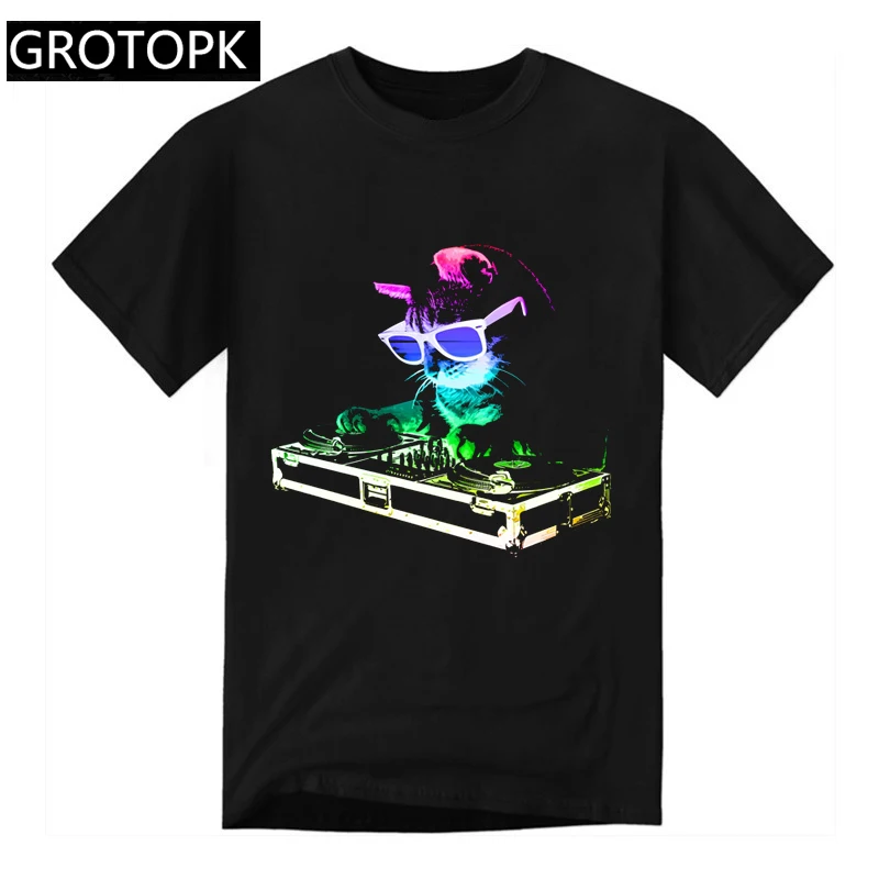 Домашняя Радужная Футболка Dj Kitty Летняя мужская черная футболка Харадзюку уличная Мужская одежда Аниме хлопковая футболка с коротким рукавом