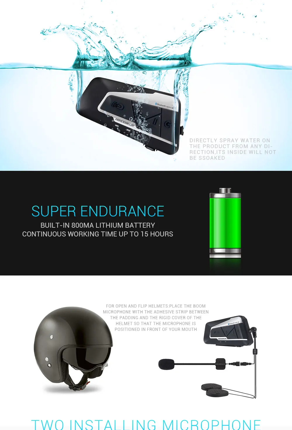 HEROBIKER, 2 комплекта, 1200 м, BT, мотоциклетный шлем, домофон, водонепроницаемый, беспроводной, Bluetooth, мото гарнитура, переговорные, FM радио, для 2 аттракционов