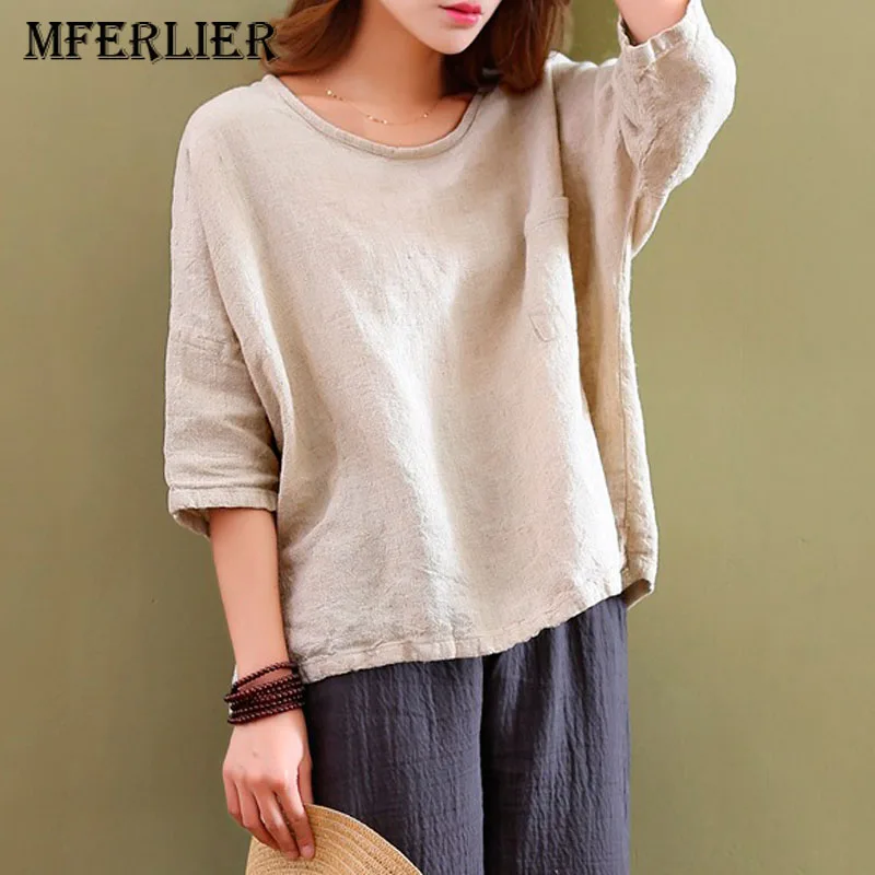 Женские топы и блузки с рукавом летучая мышь льняная блузка круглым вырезом