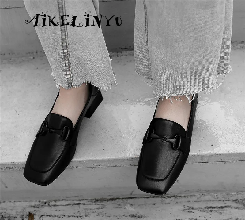 AAIKELINYU Новые женские туфли-лодочки коровья кожа мода металлической цепью удобные Обувь на квадратном каблуке, без шнуровки, на Повседневное ручной работы; женские туфли-лодочки