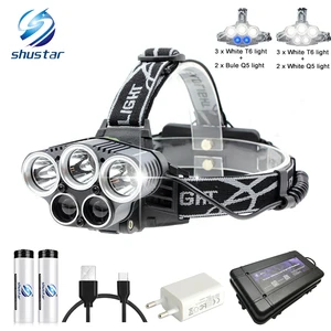 USB Перезаряжаемый светодиодный налобный фонарь 5 белых светильник или 3 белых светильник 2 синих света Водонепроницаемый светодиодный налобный светильник онарь для рыбалки используйте батарею 18650