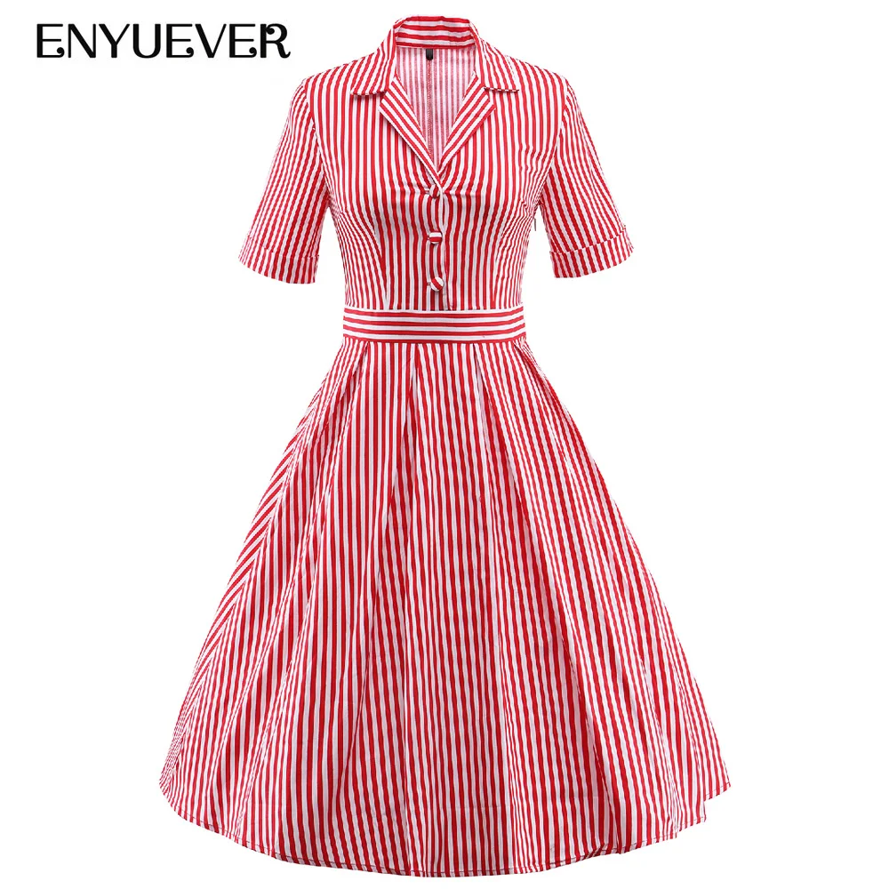 Enyuever платье в полоску плюс размеры большие качели короткий рукав элегантный