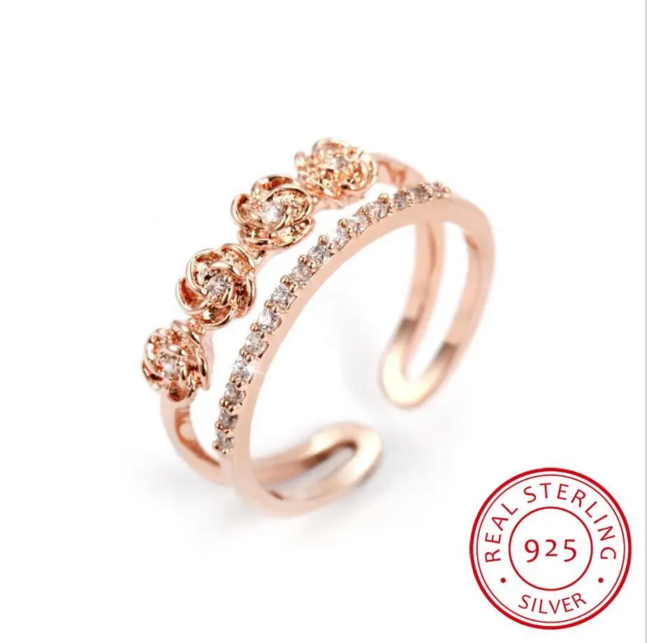 

New Arrivals 925 Sterling Silver Open Rings Double Layer Rhinestone Rose Flower Rings For Girl Women Rings Gift Fine Jewelry