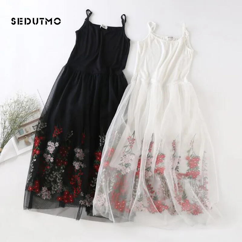 

SEDUTMO 2018 Gauze Lace Dress Women Spring Tunic Spaghetti Strap Dresses Embroidery Long Beach Sundress Summer Party Dress ED097