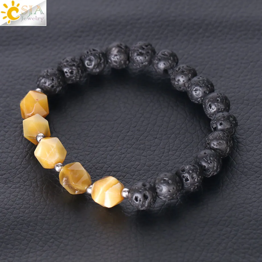 CSJA желтый синий золотой цвет тигровый глаз и Лава рок браслет граненые бусины из