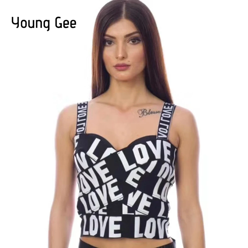 Женский укороченный топ бюстье Young Gee черный облегающий с принтом в виде сердечек