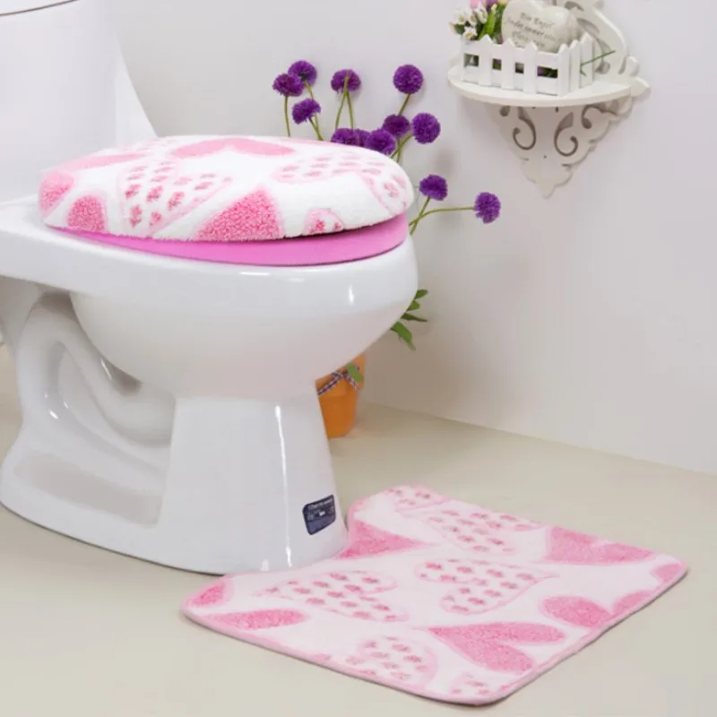 

3 Pieces/Set Warm Heart Pattern Anti-Silp Bath Mat Flannel Contour Rug Lid Toilet Cover Carpet Bathroom Set