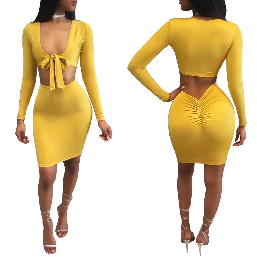 С длинным рукавом V Средства ухода за кожей шеи топ с Bodycon Юбки для женщин Для